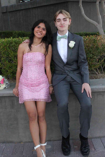 Strapless Pink Sequins Lace A-line Short Homecoming Dress