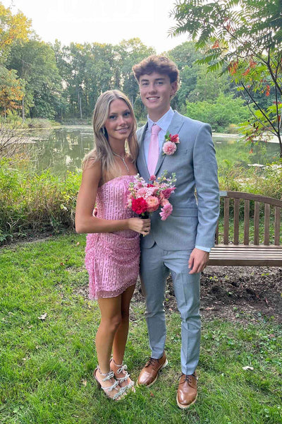 Strapless Pink Sequins Lace A-line Short Homecoming Dress