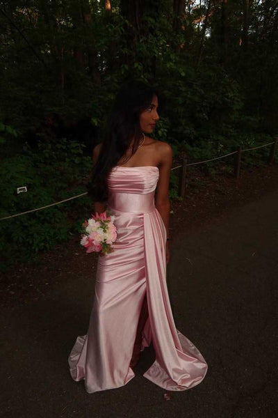 Strapless Pink Mermaid Long Prom Dress with Side Train