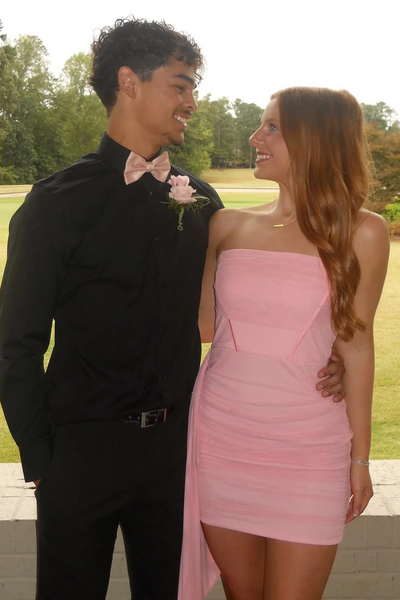 Strapless Pink Pleats Tight Short Homecoming Dress with Ribbon