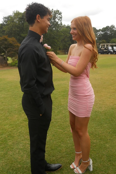 Strapless Pink Pleats Tight Short Homecoming Dress with Ribbon