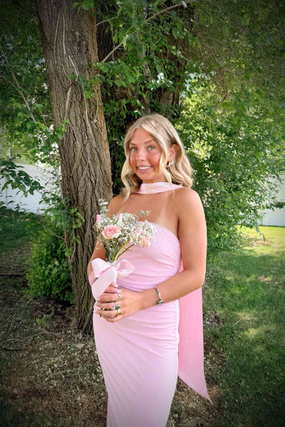 Strapless Pink Stretch Satin Ruched Long Dress with Scarf