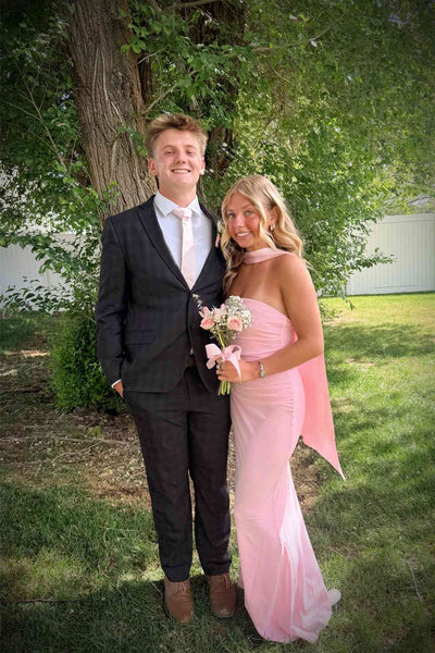 Strapless Pink Stretch Satin Ruched Long Dress with Scarf