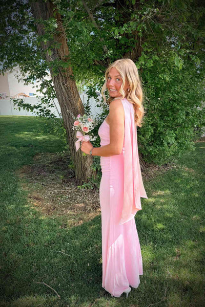 Strapless Pink Stretch Satin Ruched Long Dress with Scarf