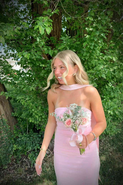 Strapless Pink Stretch Satin Ruched Long Dress with Scarf