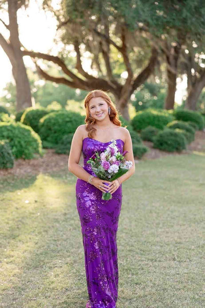 Sweetheart Mermaid Purple Sequins Lace Long Dresses