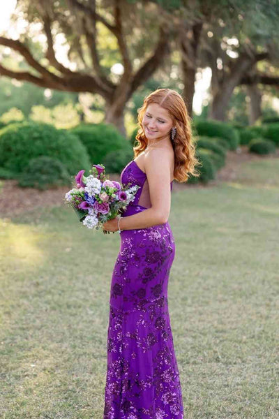 Sweetheart Mermaid Purple Sequins Lace Long Dresses
