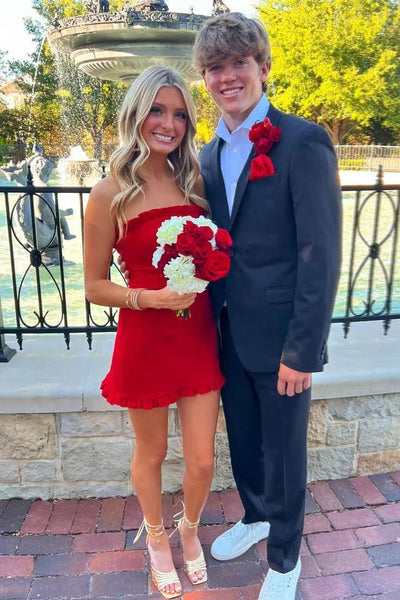 Strapless Red Ruffle Bodycon Short Party Homecoming Dress