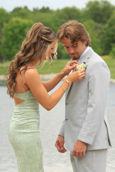 Sheath Strapless Sage Green Jacquard Satin Long Dress