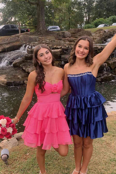 Strapless Navy Blue Tiered Short Homecoming Dress with Beaded