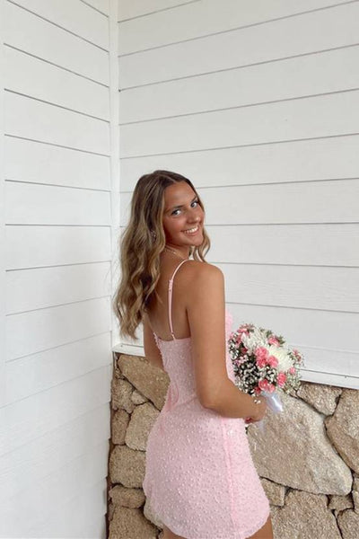 Spaghetti Straps Pink Sequins Short Homecoming Dress