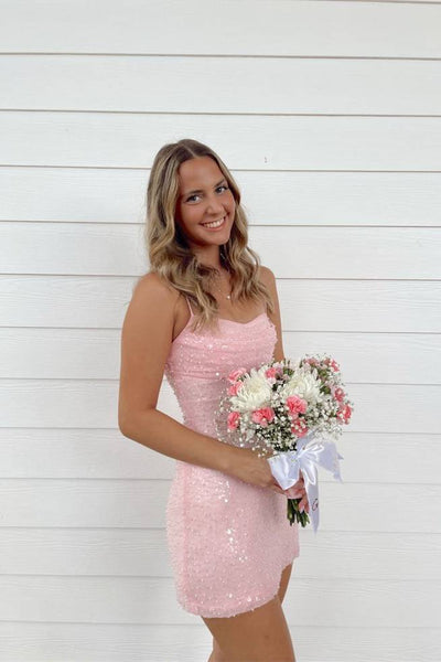 Spaghetti Straps Pink Sequins Short Homecoming Dress