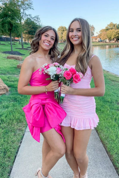 Cute Straps Pink Ruched Tiered Sheath Short Party Hoco Dresses