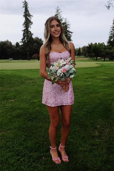 Sequins Spaghetti Straps Pink Sequin Tight Short Homecoming Dress