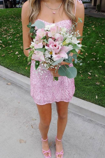 Sequins Spaghetti Straps Pink Sequin Tight Short Homecoming Dress