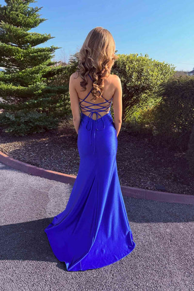 Fashion Mermaid V-neck Royal Blue Appliques Long Prom Dress with Slit