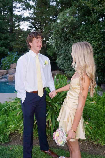 V-neck Yellow Satin Ruffle Tiered A-line Short Homecoming Dress