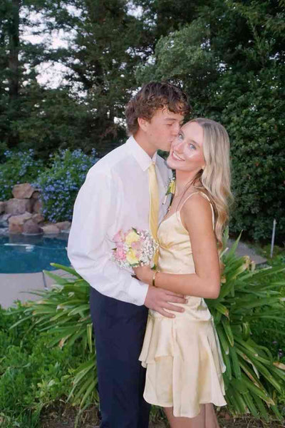 V-neck Yellow Satin Ruffle Tiered A-line Short Homecoming Dress