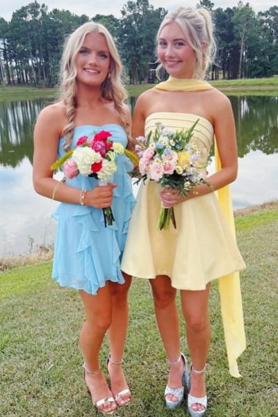 Yellow A-Line Strapless Pleats Satin Short Homecoming Dress