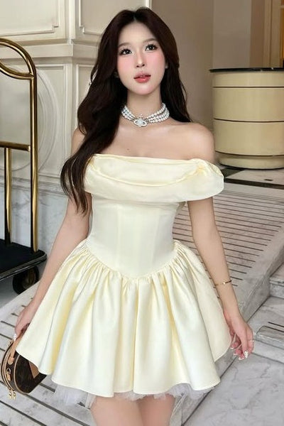 Cute A Line Off-Shoulder Empire-Waist Satin Short Homecoming Dress