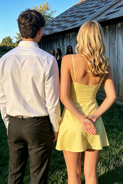 Cute Yellow V-Neck Spaghetti Straps Pleats Satin Mini Homecoming Dress