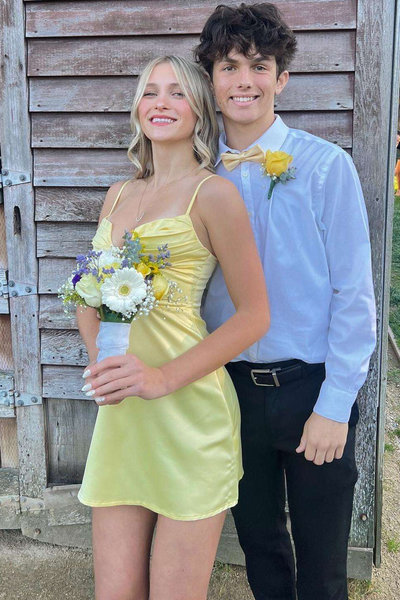 Cute Yellow V-Neck Spaghetti Straps Pleats Satin Mini Homecoming Dress