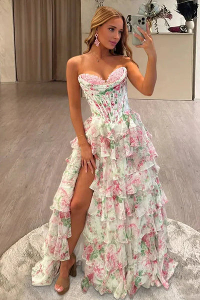 Sweetheart Ball Gown Leopard Print Tiered Prom Dress with Appliques AB25112503