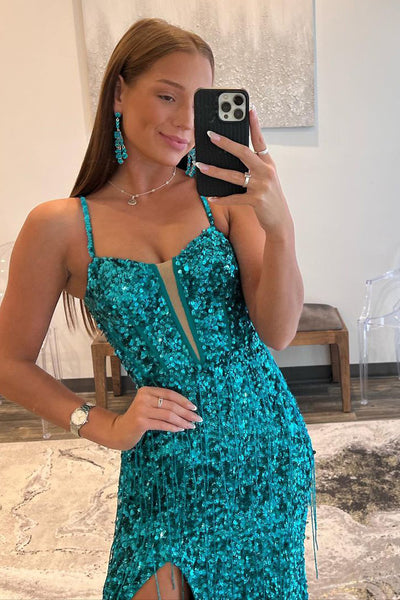 Charming Sheath V Neck Teal Sequins Long Prom Dress with Beading AB100602