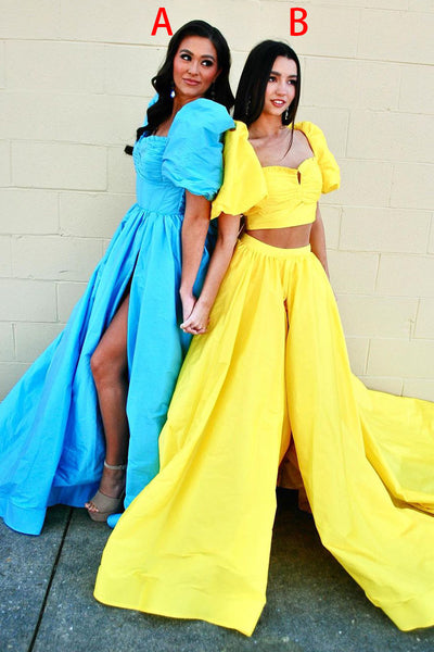 Cute Sweetheart Two Piece Yellow Satin Long Prom Dress AB4051603