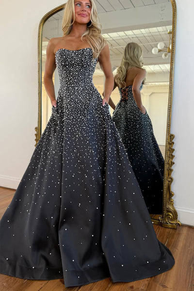 Gorgeous A Line Strapless Black Satin Prom Dress with Beading AB26012401
