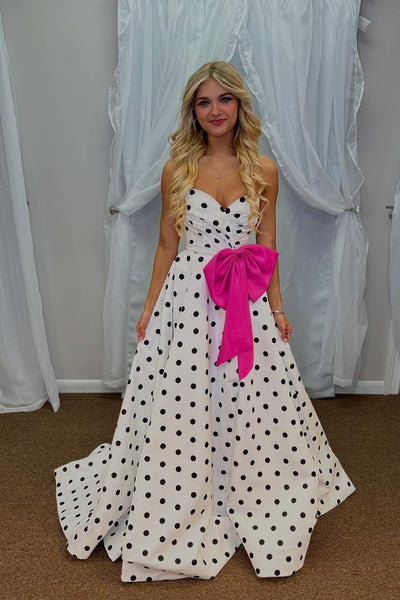 New Arrvial A Line Sweetheart White Black Dot Satin Long Prom Dress with Bow AB25100703