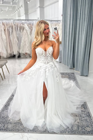 Bohemian A Line Sweetheart Glitter Tulle Wedding Dress with Appliques AB25100102