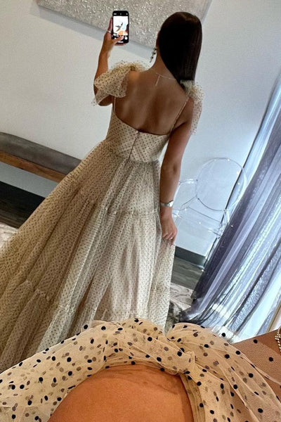 Cute Ball Gown Sweetheart Champagne Tulle Black Dot Long Prom Dresses AB102704