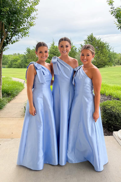 A Line One Shoulder Blue Satin Long Bridesmaid Dress AB260601002