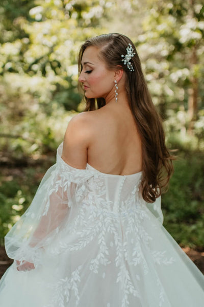 Boho A Line Off the Shoulder Long Sleeves Tulle Wedding Dress AB25052815
