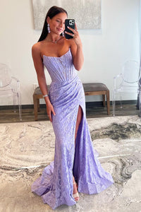 Cute Mermaid Scoop Neck Lavender Lace Long Prom Dresses with Slit AB122402