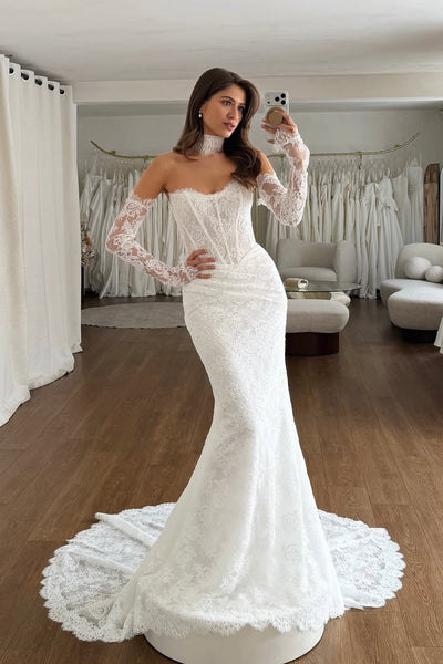 Gorgeous Mermaid Sweetheart Lace Wedding Dress with Detachable Sleeves AB26060814