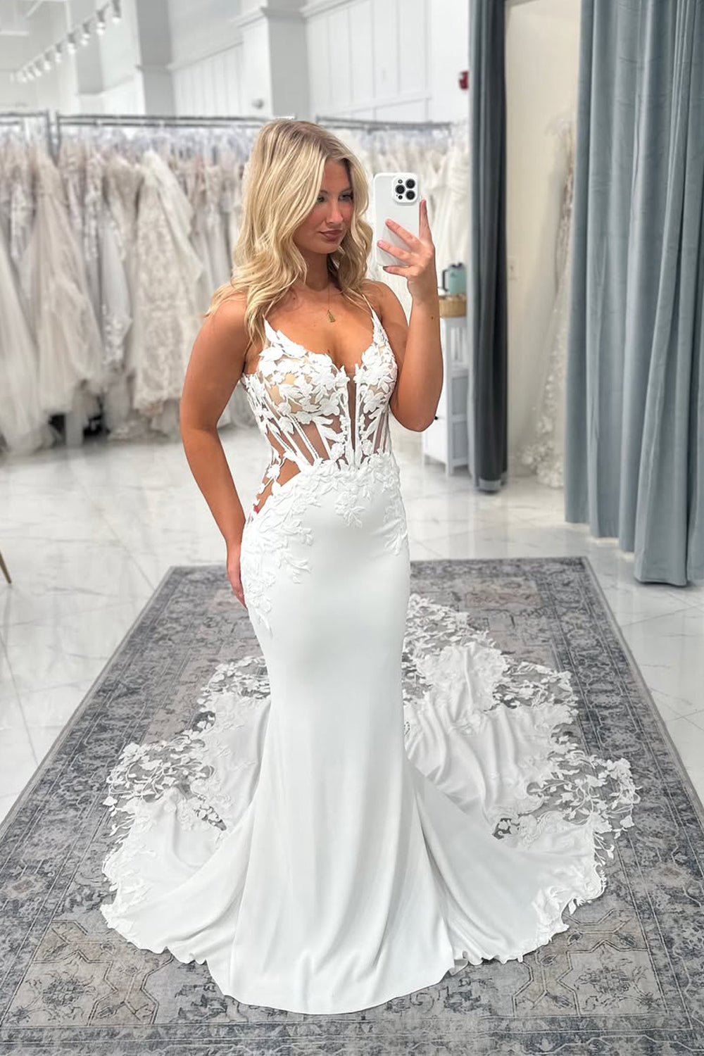Bohemian Mermaid V Neck Satin Long Wedding Dress with Appliques AB25100101