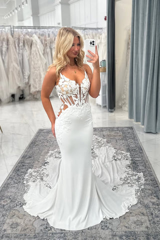 Bohemian Mermaid V Neck Satin Long Wedding Dress with Appliques AB25100101