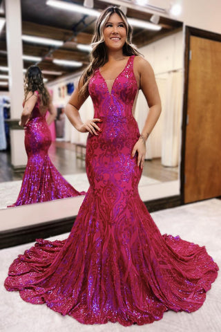 Charming Mermaid V Neck Fuchsia Sequins Lace Long Prom Dress AB4021005