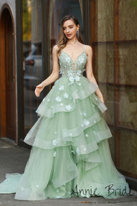 Fairy Ball Gown V Neck Sage Green Tiered Tulle Prom Dress Sweet 16 Dresses AB24121209 Anniebride Fairy Ball Gown V Neck Sage Green Tiered Tulle Prom Dress Sweet 16 Dresses AB24121209 Anniebride