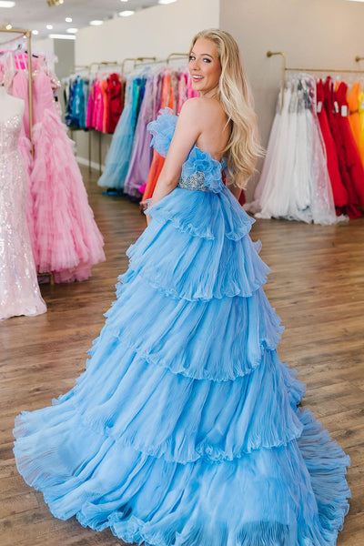 Fairy Ball Gown Strapless Blue Organza Long Prom Dresses with Beading AB102904
