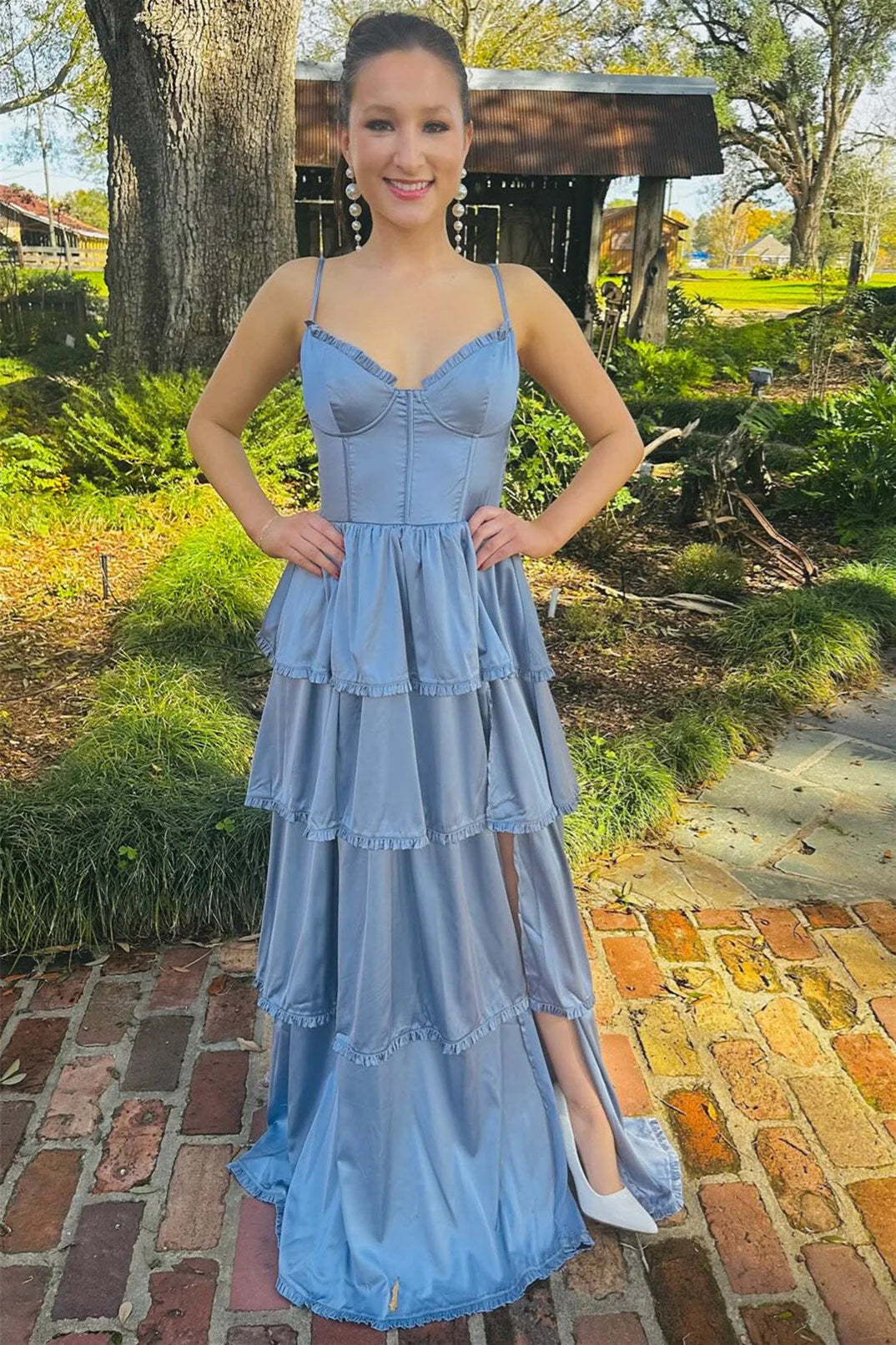 satin ruffle prom dress Sherri Hill Satin Rosette Ruffle Prom Dress 56963