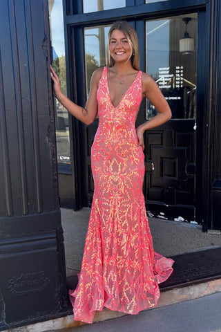 Sparkly Mermaid V Neck Coral Sequin Lace Prom Dress AB25112502