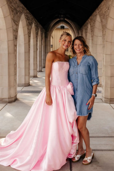 Gorgeous A Line Strapless Pink Satin Prom Dress with Slit AB26102506