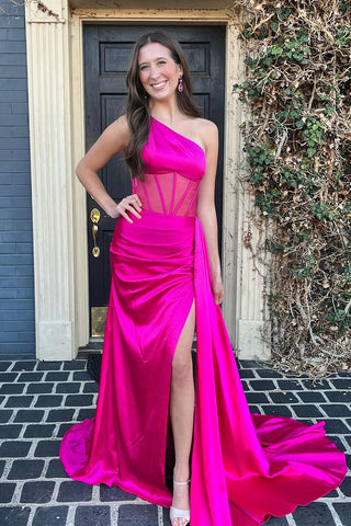 Charming Mermaid One Shoulder Pink Silk Satin Long Prom Dresses with Slit AB112105