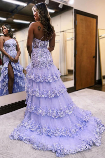 Sparkly One Shoulder Lavender Lace Long Prom Dresses with Slit AB101503