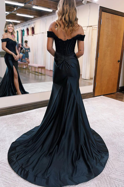 Charming Mermaid Off the Shoulder Dark Green Satin Long Prom Dresses with Lace AB092405