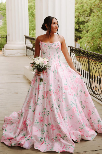 A Line Scoop Floral Satin Prom Dress with Slit AB26060112
