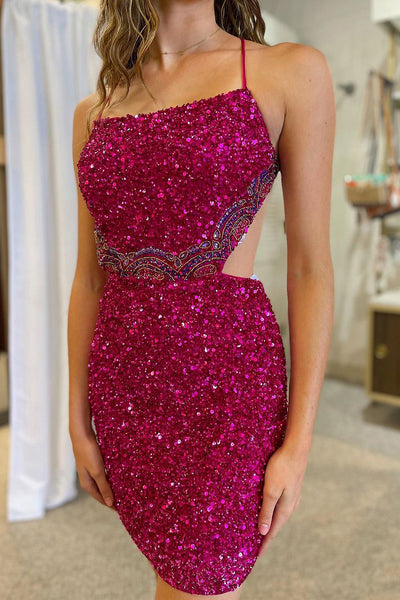 Cute Bodycon Straps Fuchsia Sequins Short Homecoming Dresses with Beaded AB082402